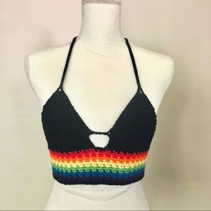 Black Crochet Top with Rainbow Detail
